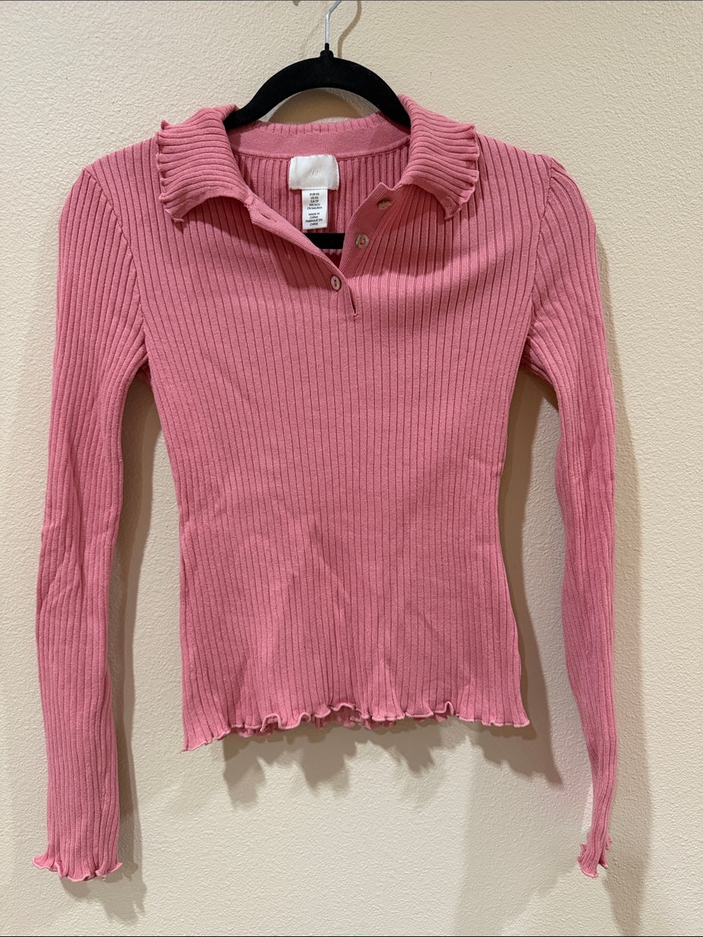 H&M Pink Ribbed Long-Sleeve Polo Knit Top